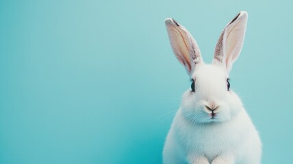 Obraz premium White rabbit in front of blue background sitting still, facing forward