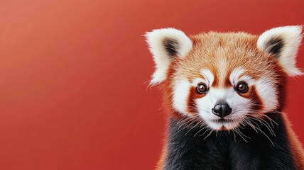 Red panda with reddish-brown fur against red background