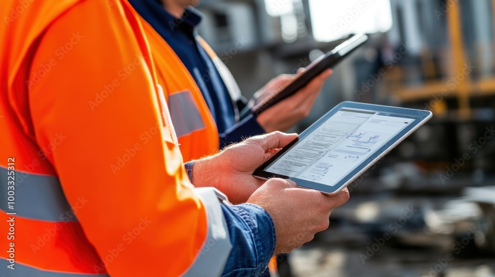 Wall mural generate a photo realistic image of project administrators reviewing construction project documentat