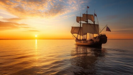 Fototapeta premium Old-fashioned sailing ship on calm ocean during sunset