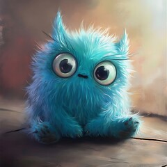 Fototapeta premium Endearing blue fluffy creature with large orange eyes and tiny feet image