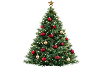 Festive Christmas tree adorned with red and gold ornaments, shimmering lights, isolated on a white background. isolated on transparent background.