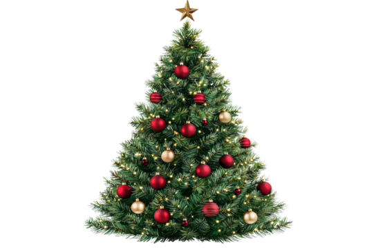 Festive Christmas tree adorned with red and gold ornaments, shimmering lights, isolated on a white background. isolated on transparent background.