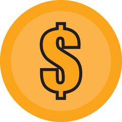 Dollar Coin Icon: A simple yet impactful illustration of a golden coin with a black dollar sign symbol in the center. This icon is perfect for representing financial concepts, wealth, currency.