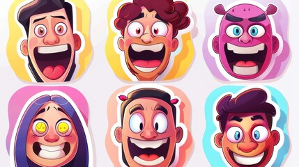 Colorful Cartoon Facial Expressions of Cheerful Grinning Men