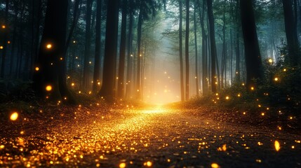 A mystical forest path illuminated by glowing fireflies, leading to a warm light, creating an enchanting and serene atmosphere.