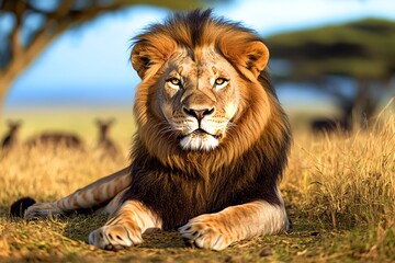 Fototapeta premium A majestic lion resting in the African savanna, surrounded by tall golden grass and distant acacia trees, with other wildlife in the background