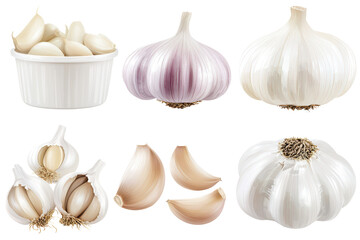 Fototapeta premium Various garlic cloves and bulbs displayed on a white isolated background. isolated on transparent background.