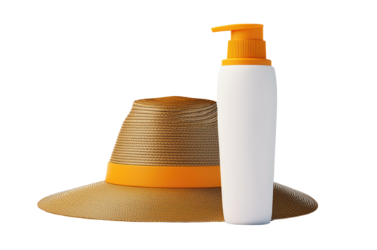 Sunscreen bottle and sun hat on a white isolated background, perfect for summer and sun protection themes. isolated on transparent background.