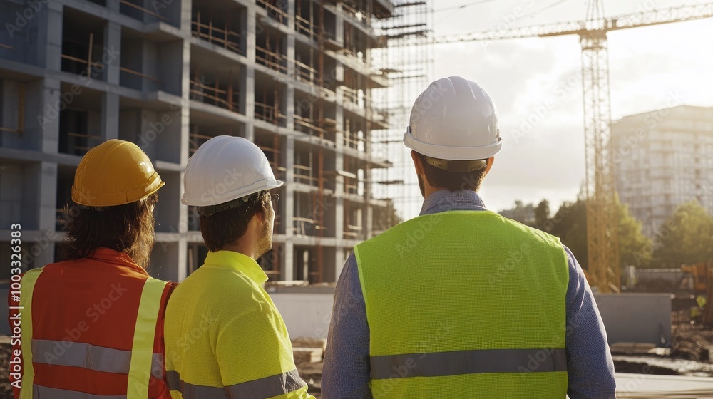 Wall mural generate a photo realistic image of project managers coordinating with subcontractors, with subcontr