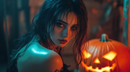 Dark Gothic Halloween Aesthetic with Pumpkins and Mysterious Girl