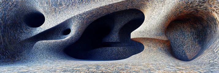 Abstract 3D render of a textured cave with blue and gray colors