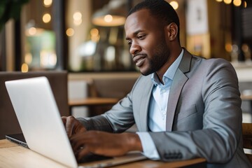 Handsome African American businessman uses laptop in indoor cafe. Pro executive focuses on screen. Businessman sits at wooden table, sips coffee. Wireless internet connection available. Corporate