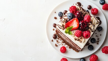 Delicious layered cake topped with mixed berries and cream on white plate