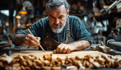 A skilled carpenter marks a wooden board with a pencil while holding a hammer and chisel in a well-equipped workshop