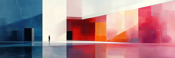 Obraz premium A solitary figure stands in a minimalist room, contemplating the colorful walls ahead.