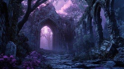 Eerie Abandoned Medieval Temple: Gothic Architecture with Nature Reclaiming, Ominous Atmosphere in Dim Lighting
