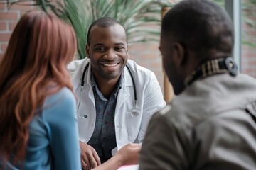 Fototapeta premium African American psychiatrist smiles warmly at young couple discussing mental health. Man, woman sit on couch, engaged in therapy session. Doctor listens attentively, providing pro care, support.