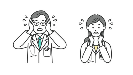 困って焦る医師男女の上半身イラスト