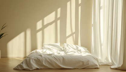 Minimalist bedroom with messy bed and warm sunlight through curtains