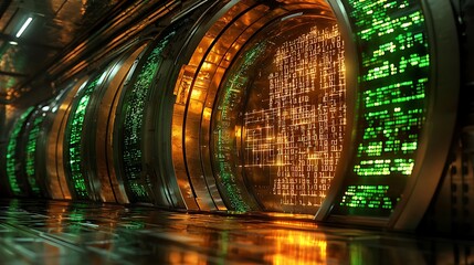 A futuristic sci-fi corridor hums with glowing digital displays and endless streams of binary code.