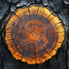 Fototapeta premium Burnt Tree Trunk with Yellow and Black Rings - Realistic Photo
