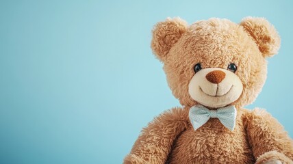 Obraz premium Cute, brown bear with blue bow tie against background