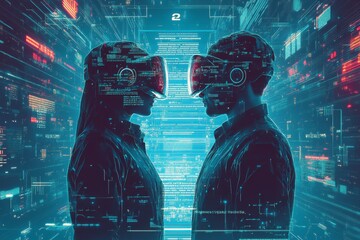 A silhouette of two individuals facing each other, wearing futuristic VR headsets within a digital environment, showcasing the intersection of technology and human interaction.