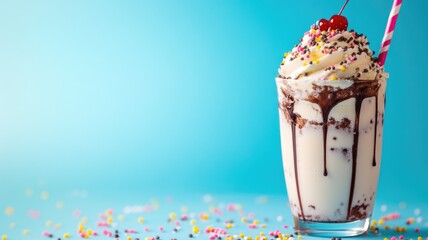 Creamy milkshake with whipped cream, sprinkles, and straw on blue background