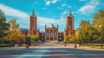 Fototapeta premium Historic red-brick building with twin towers under bright sky