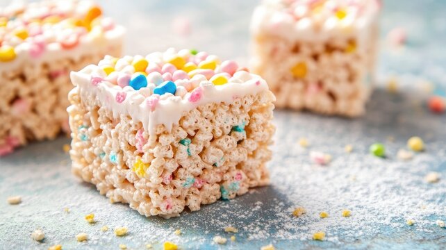 Sweet, colorful rice cereal treats with marshmallows and icing