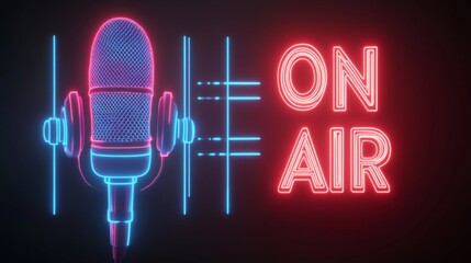 This image showcases a neon microphone with glowing 'On Air' text in vibrant colors, symbolizing live broadcasting and the vibrant world of radio or podcasting.