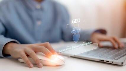 GEO Concept. Generative Engine Optimization for Online Marketing Strategy, icons representing AI,...