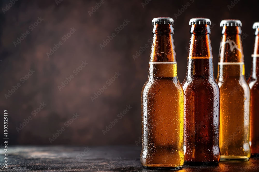 Poster glass bottles of beer on dark background. amber liquid fills glass containers. reflections on surfac