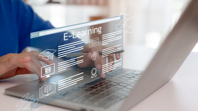 e-learning concept. learning icon, library on the internet website. concept of lesson learning e-book training digital online. course education in webinar technology