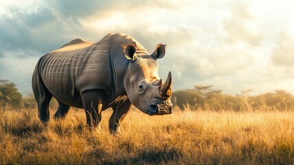 Obraz premium Majestic rhinoceros grazes in sunlit savannah under dramatic sky