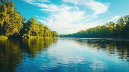 Fototapeta premium Scenic river surrounded by dense forest under vibrant blue sky