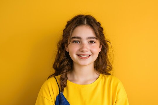 Smiling teenage girl on yellow background. Cheerful, carefree girl with casual attire. Happy, confident young woman with beautiful, healthy appearance. Caucasion model with stylish, fashionable hair