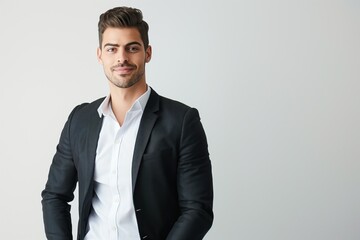 Fototapeta premium Handsome caucasian businessman in formal attire on white background. He looks confident and happy. The businessman wears a stylish shirt and a smile. He is a successful pro in a corporate setting.
