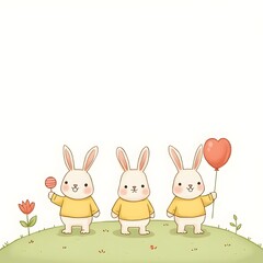 Fototapeta premium Three cute baby bunny brothers holding balloons background. Generative ai