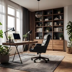 Contemporary home office with a desk, chair, and plants, emphasizing stylish design and modern tech gadgets.generative ai