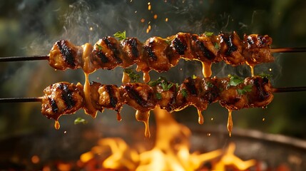 Obraz premium Close-up of two skewers of chicken, dripping sauce over a fire.