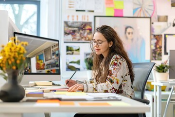 Female interior designer sits at desk, working on computer in modern office. She creates designs for apartments, homes, and spaces. With tablet and papers, she plans and draws her ideas.