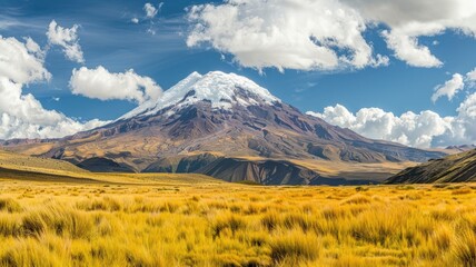 Fototapeta premium Snow-capped mountain behind golden field under blue sky