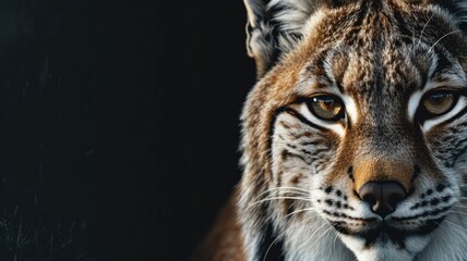 Obraz premium Close-up of lynx's face with intense eyes against dark background