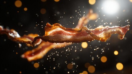 Crispy bacon with grease splatters on black background.