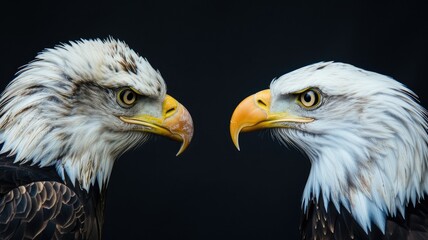 Obraz premium Two bald eagles facing each other on black background