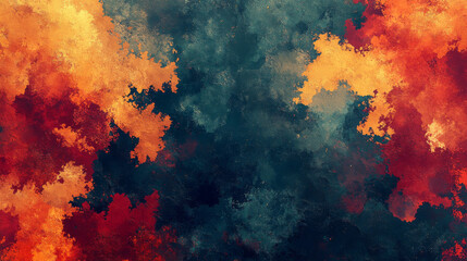 Abstract watercolor painting with red, orange, and blue hues.