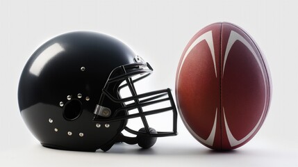 Naklejka premium Rugby ball, helmet on white background. Close-up of athletic equipment on clean surface. Iconic symbols of contact sport. Protective gear for football, rugby players. Physical exercise, team sport