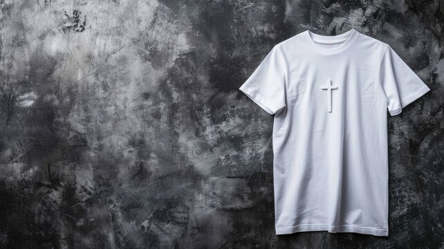 White T-shirt with cross design hanging on textured gray wall